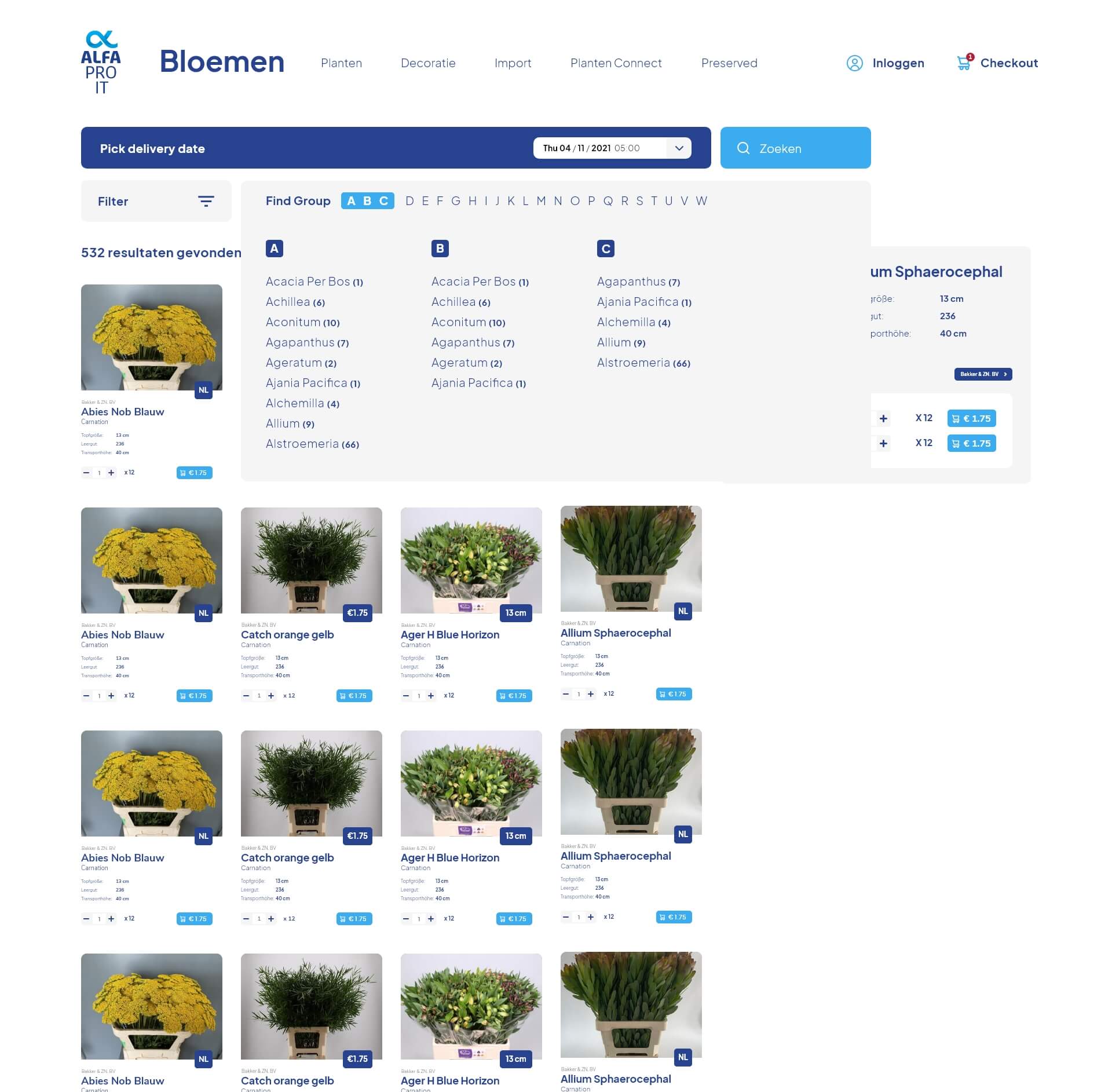 Online flower shop interface displaying various types of flowers for sale including Abies Nobilis, Agapanthus, Allium, and more with prices and minimalistic design.