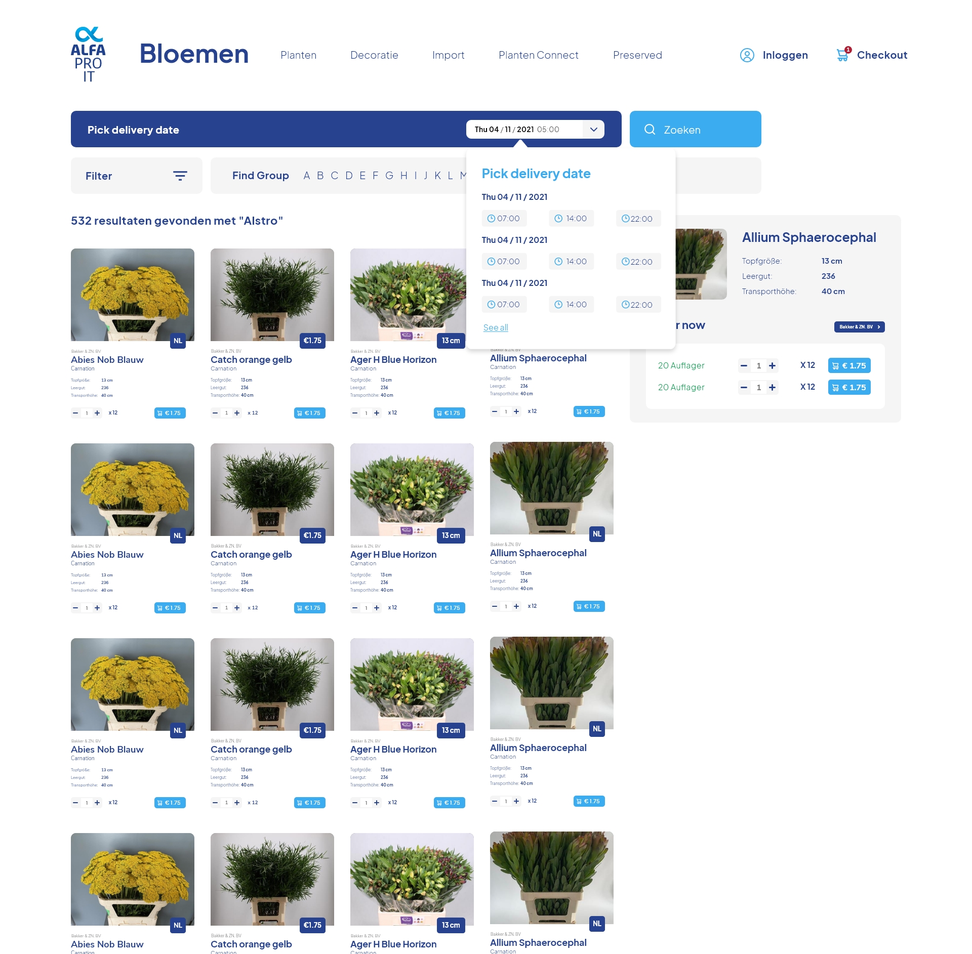 Online flower shop interface displaying various bouquets of yellow and green flowers with price tags and options to choose delivery date.