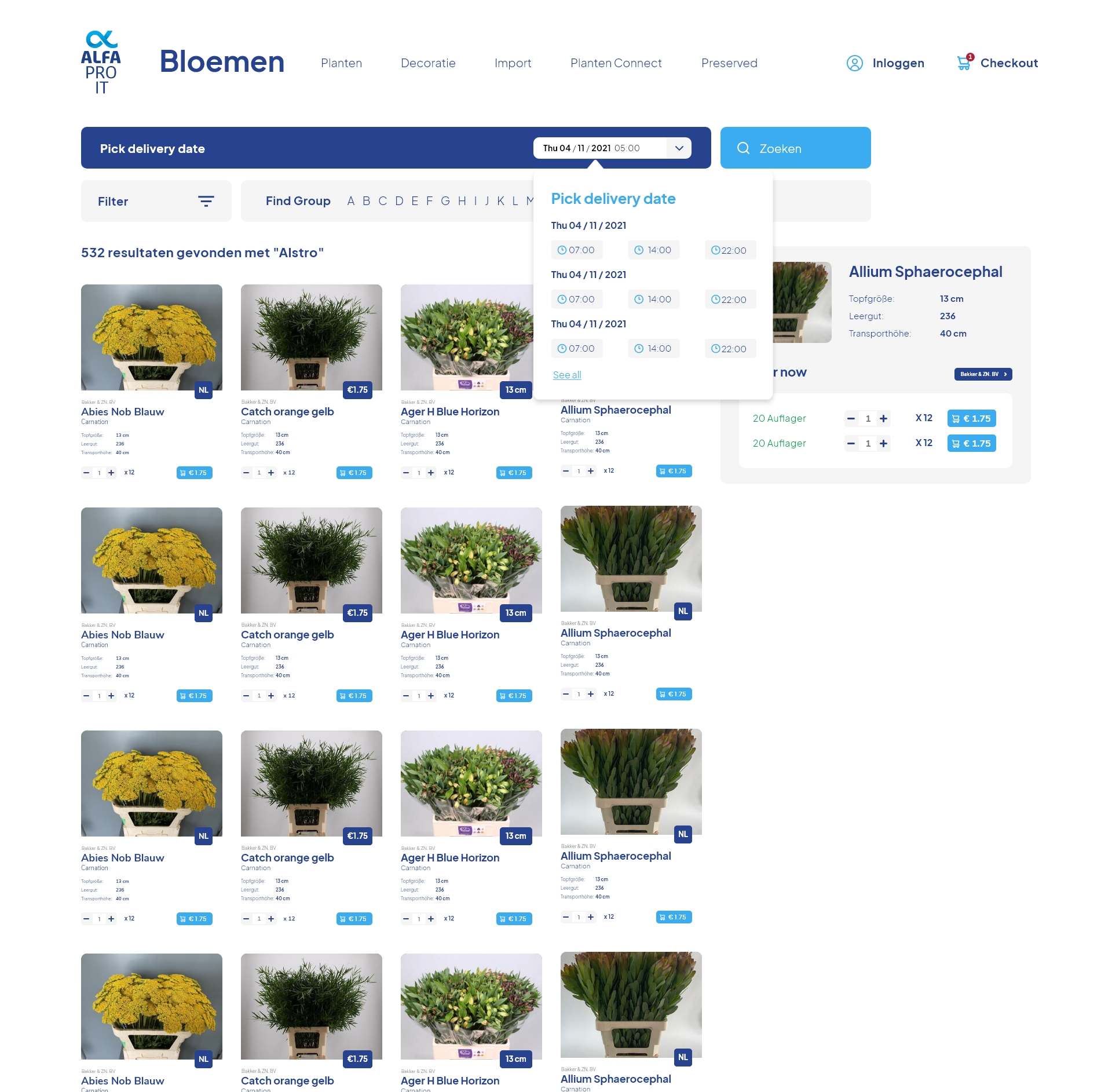 Basic view Online flower shop interface displaying various bouquets of yellow and green flowers with price tags and options to choose delivery date.