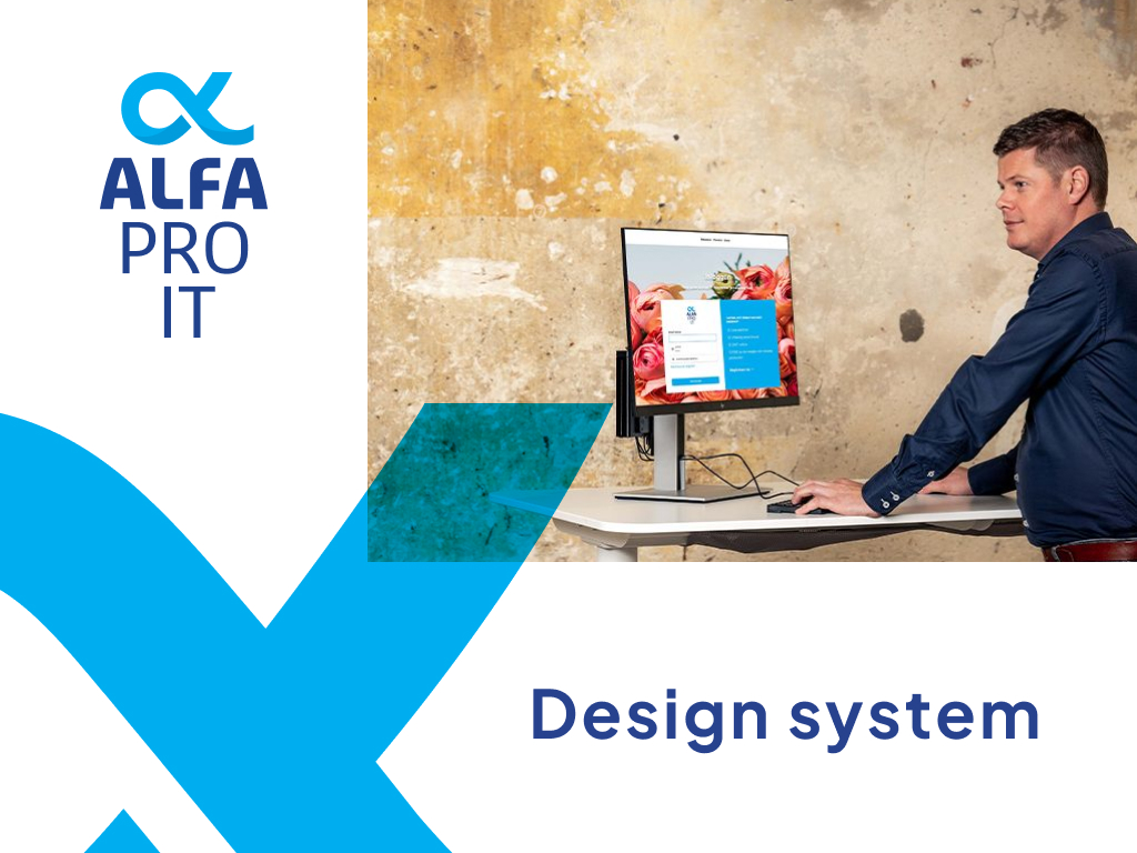 Branding Alfa Pro 1 Man working on computer with Alfa Pro IT logo and Design System text in a modern office setting.