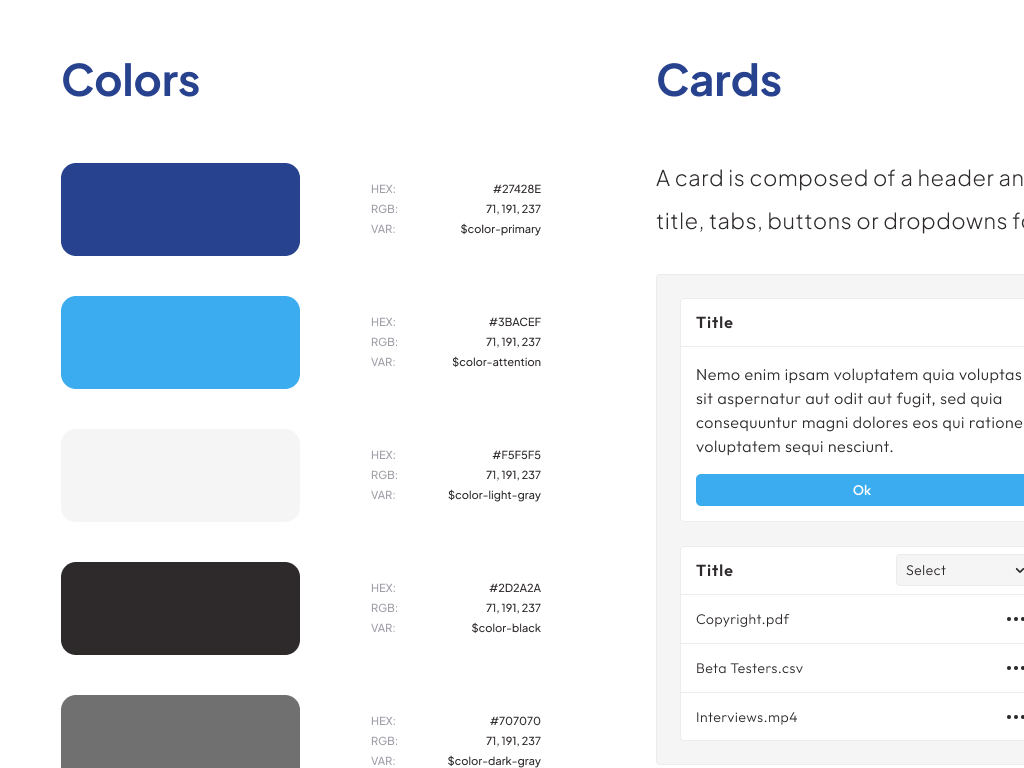 Graphic design color palette with hex and RGB codes and user interface card design layout.