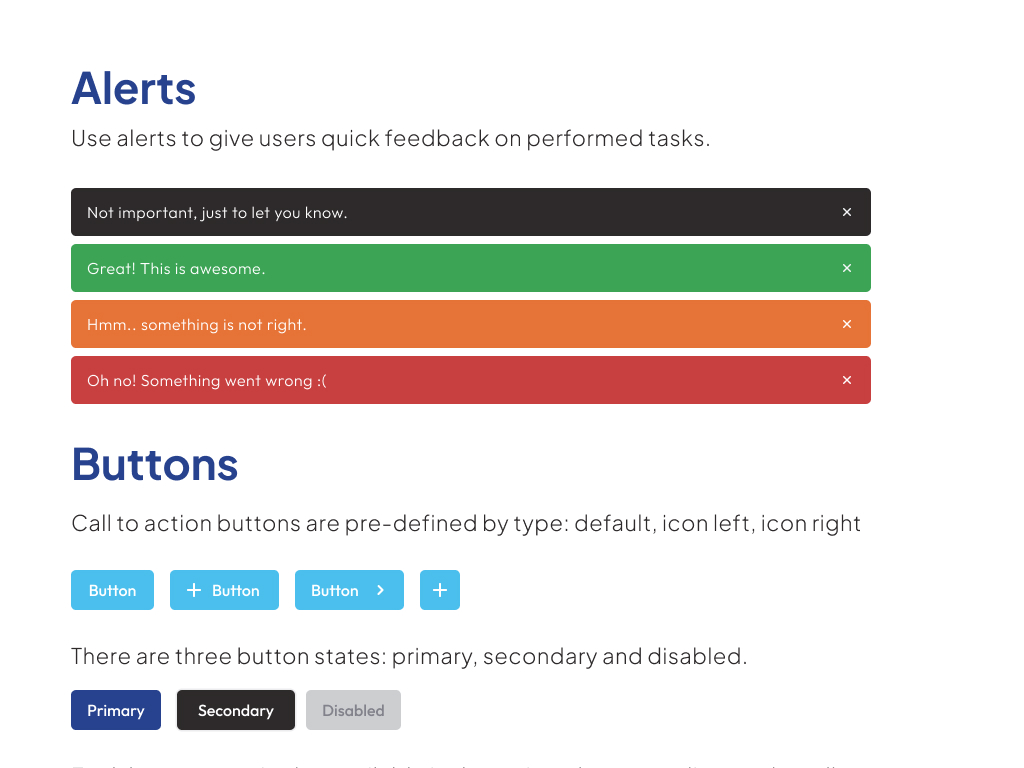 Screenshot of a user interface guide showing different alert and button styles for web design