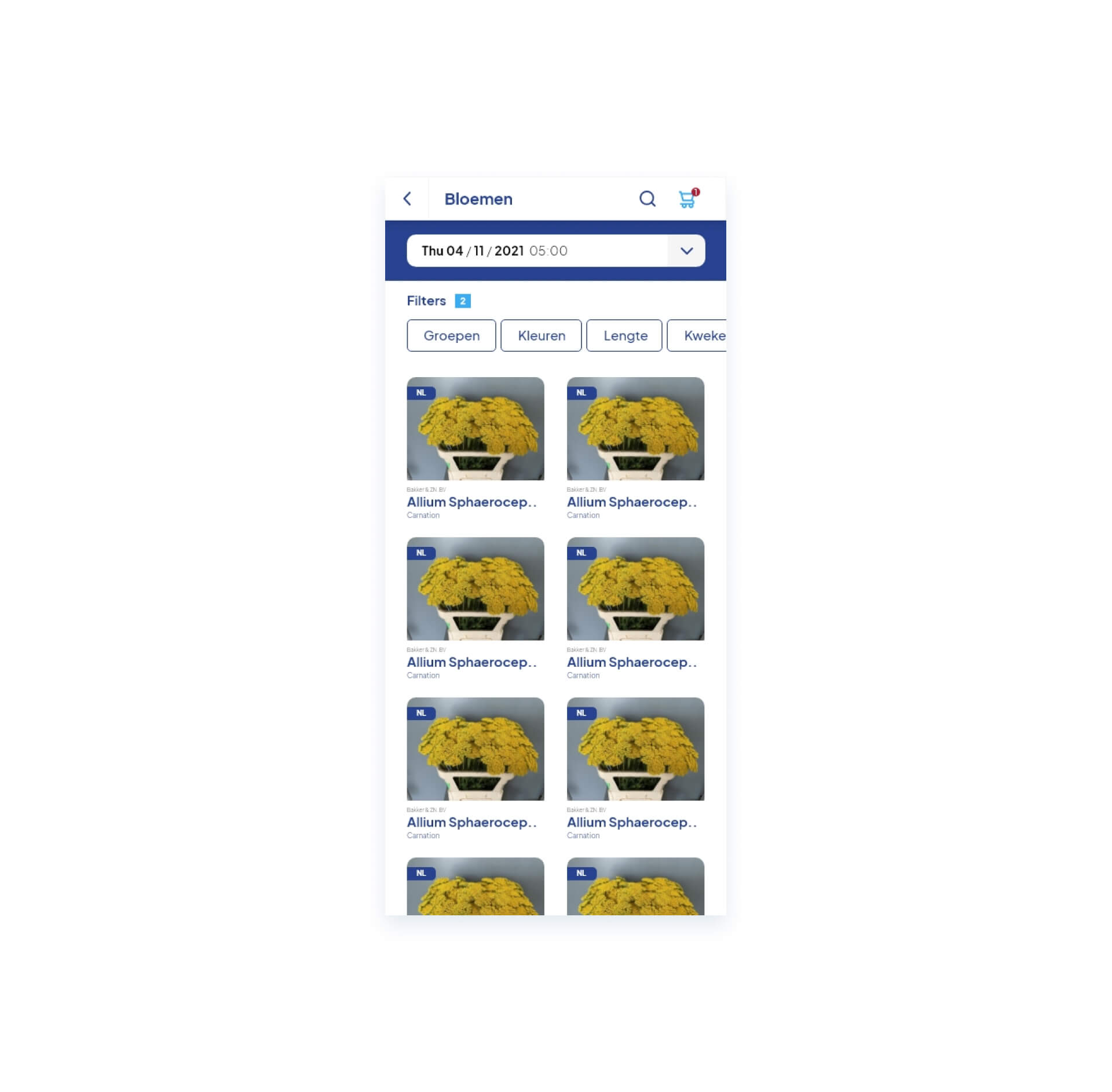 Mockup Mobiel Alfa Pro 1 Mobile flower shop app interface showing yellow Allium Sphereopetalum flowers for online purchase