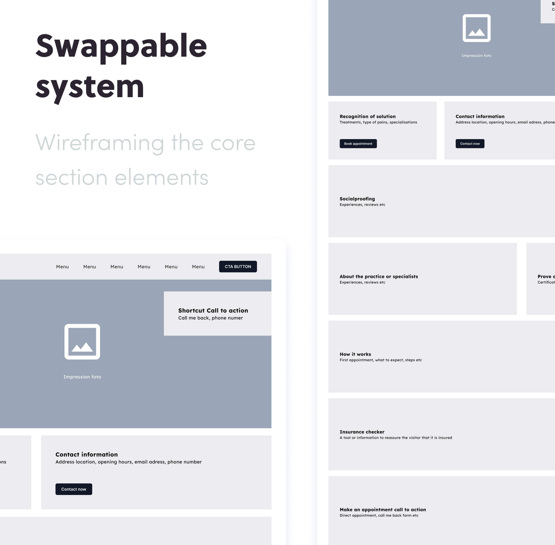 7. Swappable sections Wireframing concept for a swappable system website layout showing core section elements and call-to-action features.