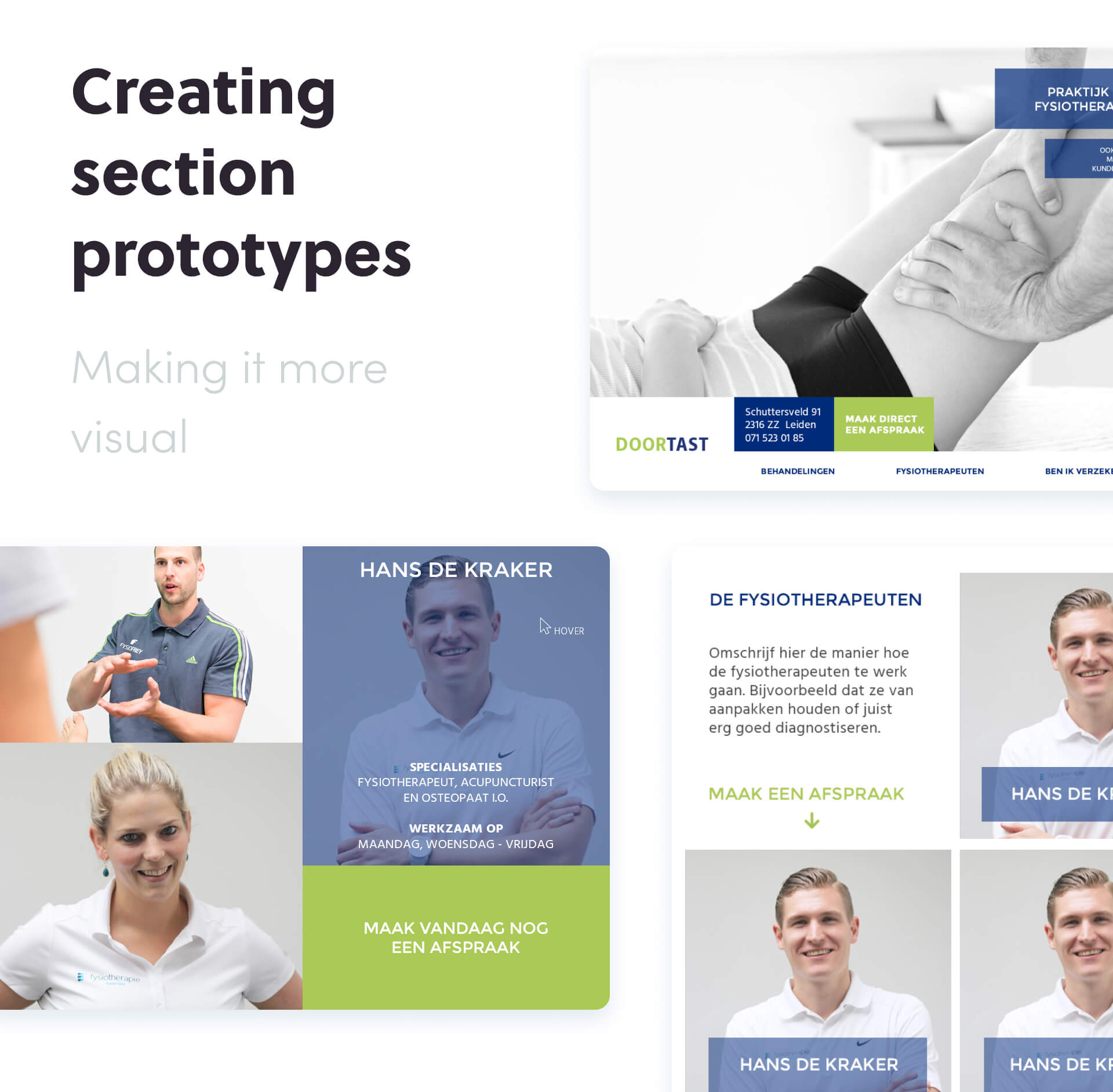 8. Swappable sections Website design concept featuring 'Creating section prototypes' header with professional team profiles for physical therapy clinic.
