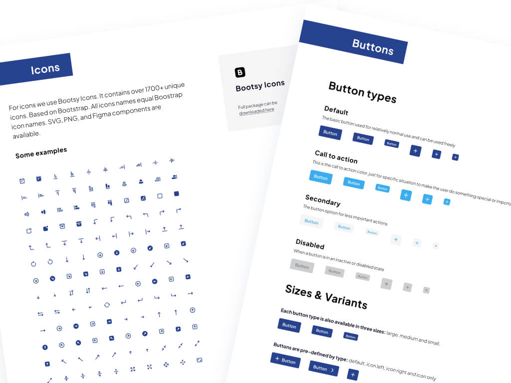 Icon and button design template featuring Bootstrap icons and button types including default, call to action, secondary, disabled, and various sizes.