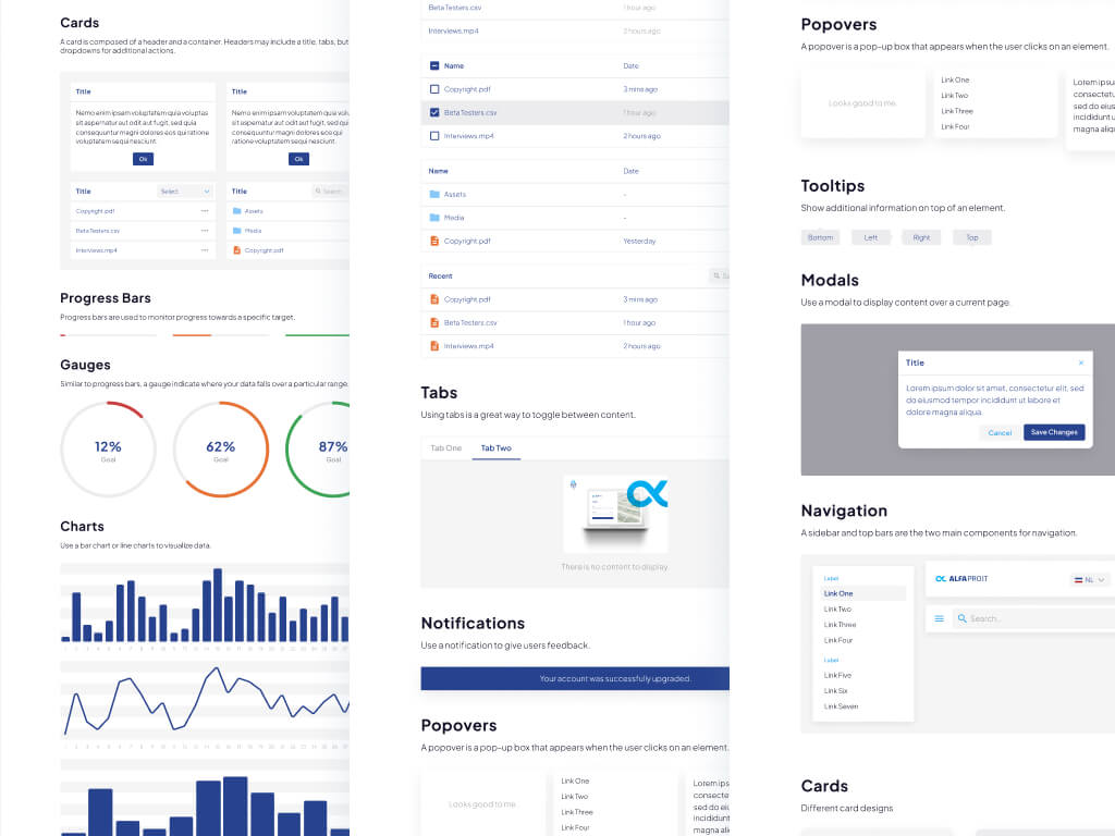 User interface design elements including cards, progress bars, gauges, charts, tabs, notifications, popovers, tooltips, modals, and navigation menus displayed on a web design concept.