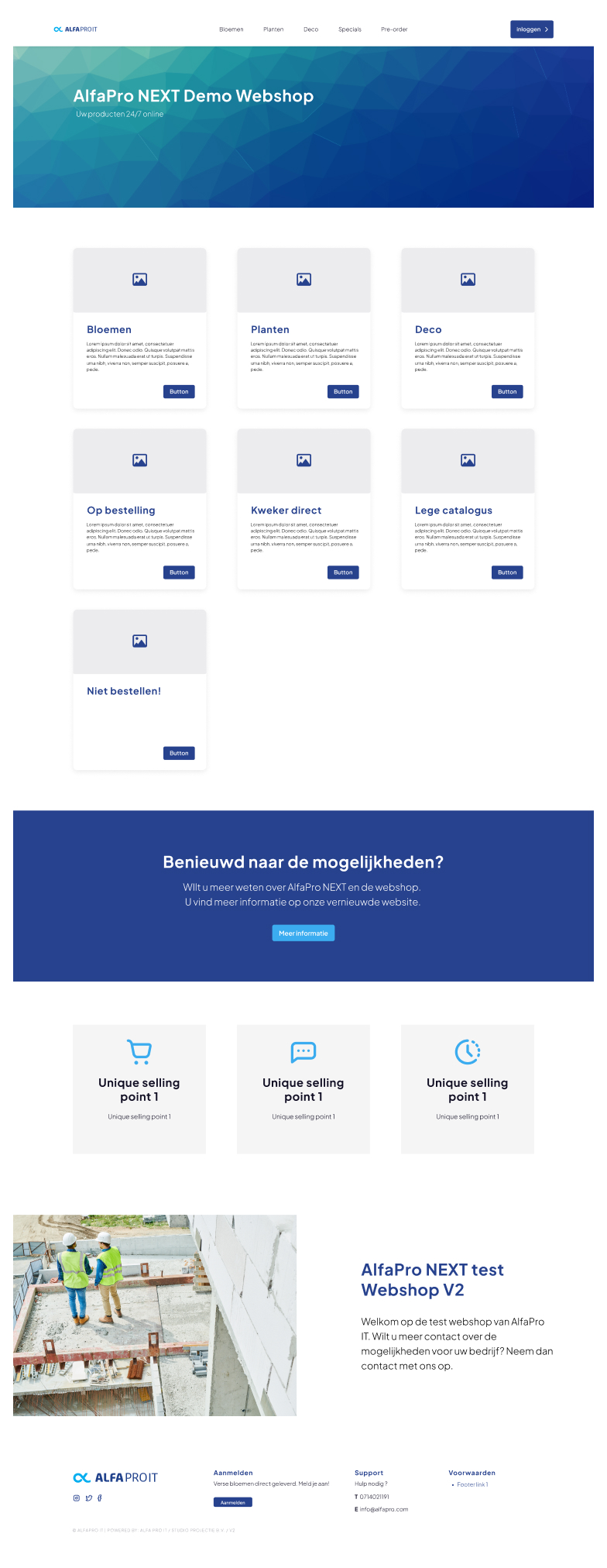 Screenshot of AlfaPro NEXT Demo Webshop homepage featuring navigation menu, product categories, unique selling points, and contact information with construction workers in the footer.