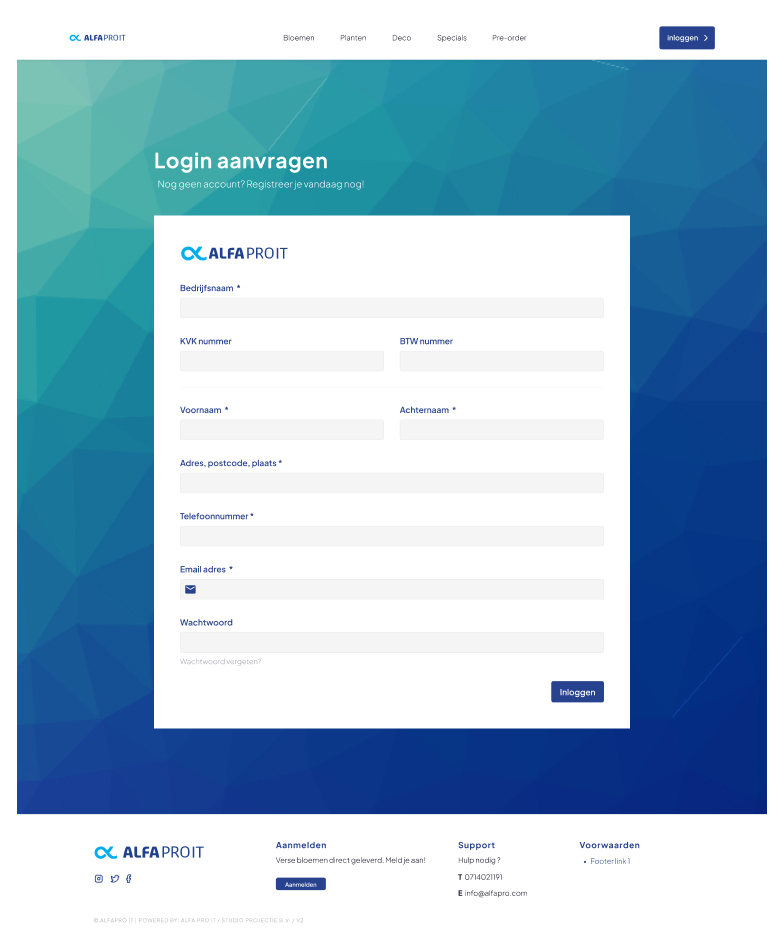 Professional login page interface for Alfa Pro IT with registration form and navigation menu.