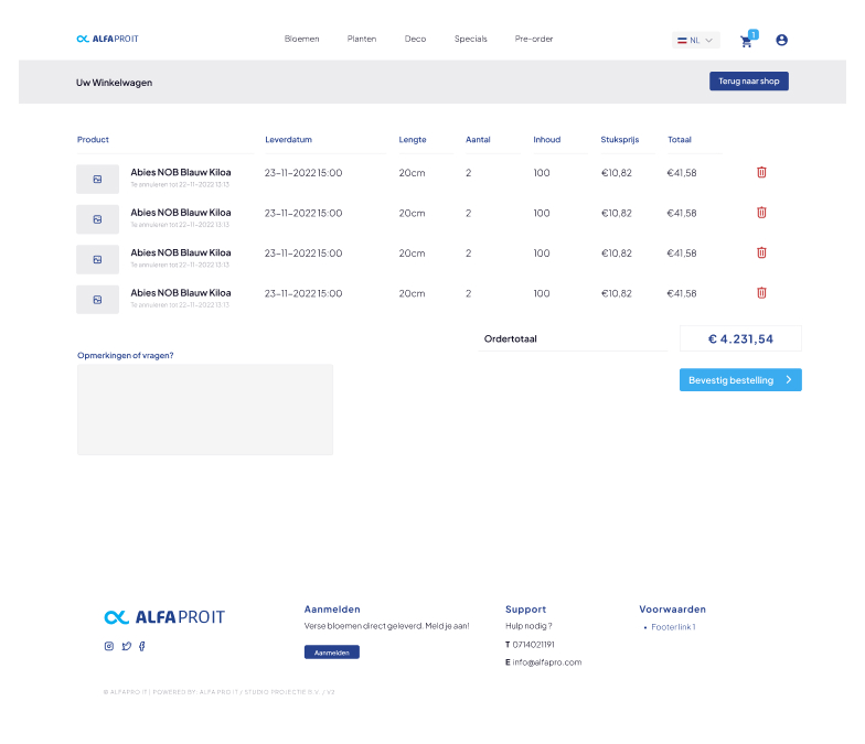 Screens 8 Screenshot of an Alfa Pro IT online shopping cart with multiple Abies NOB Blauw Kiloo plants, showing product details, delivery dates, quantities, and pricing information, with a total amount of €4,231.54.