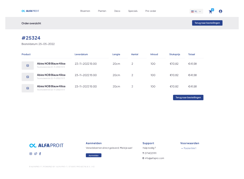 Order summary page of ALFA PRO IT showing multiple entries for Abies NOB Blauw Kiloa with delivery date, size, quantity, and pricing details.